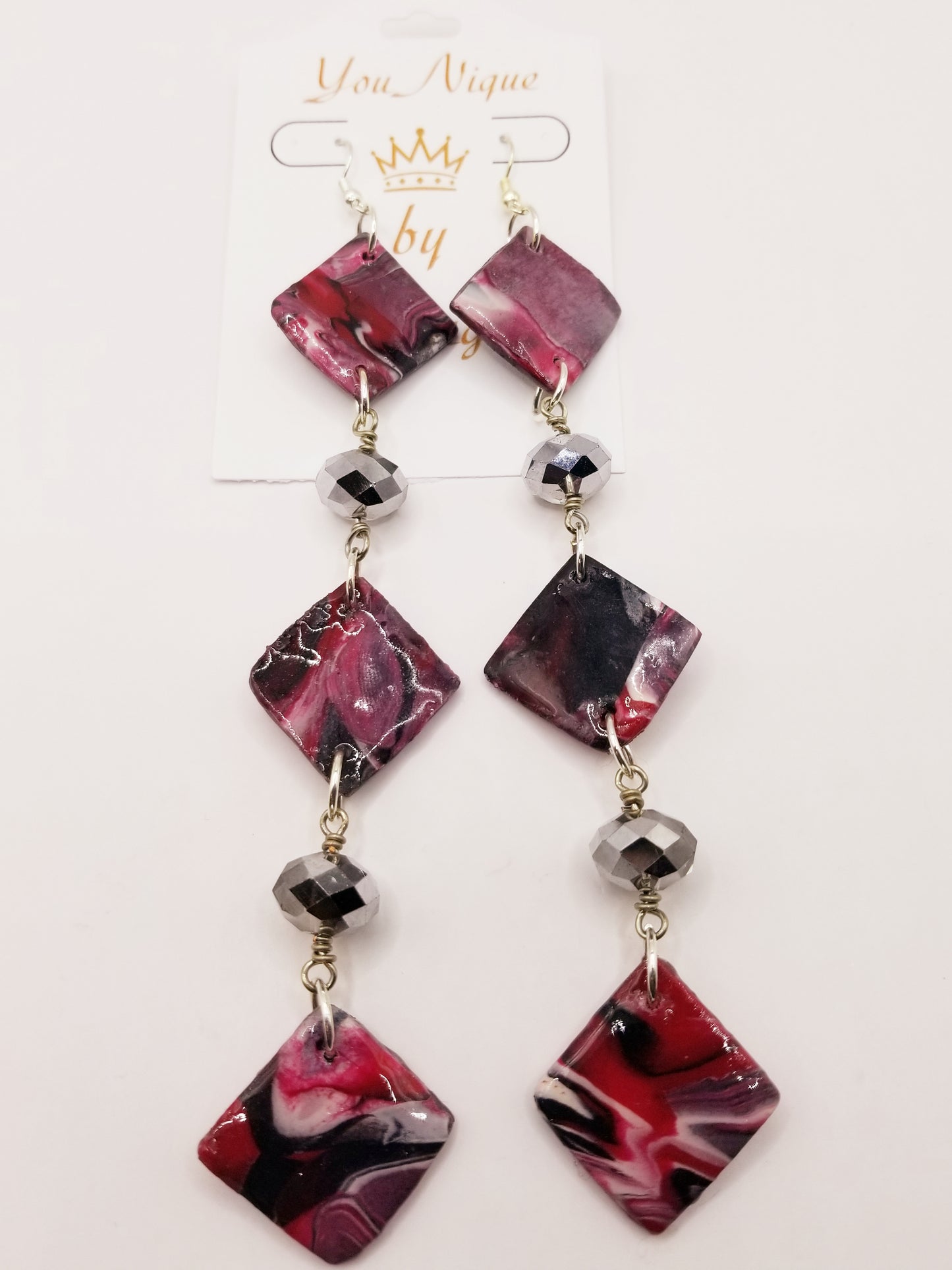 Marbled Red, White and Black 3 Diamond Dangle Earrings