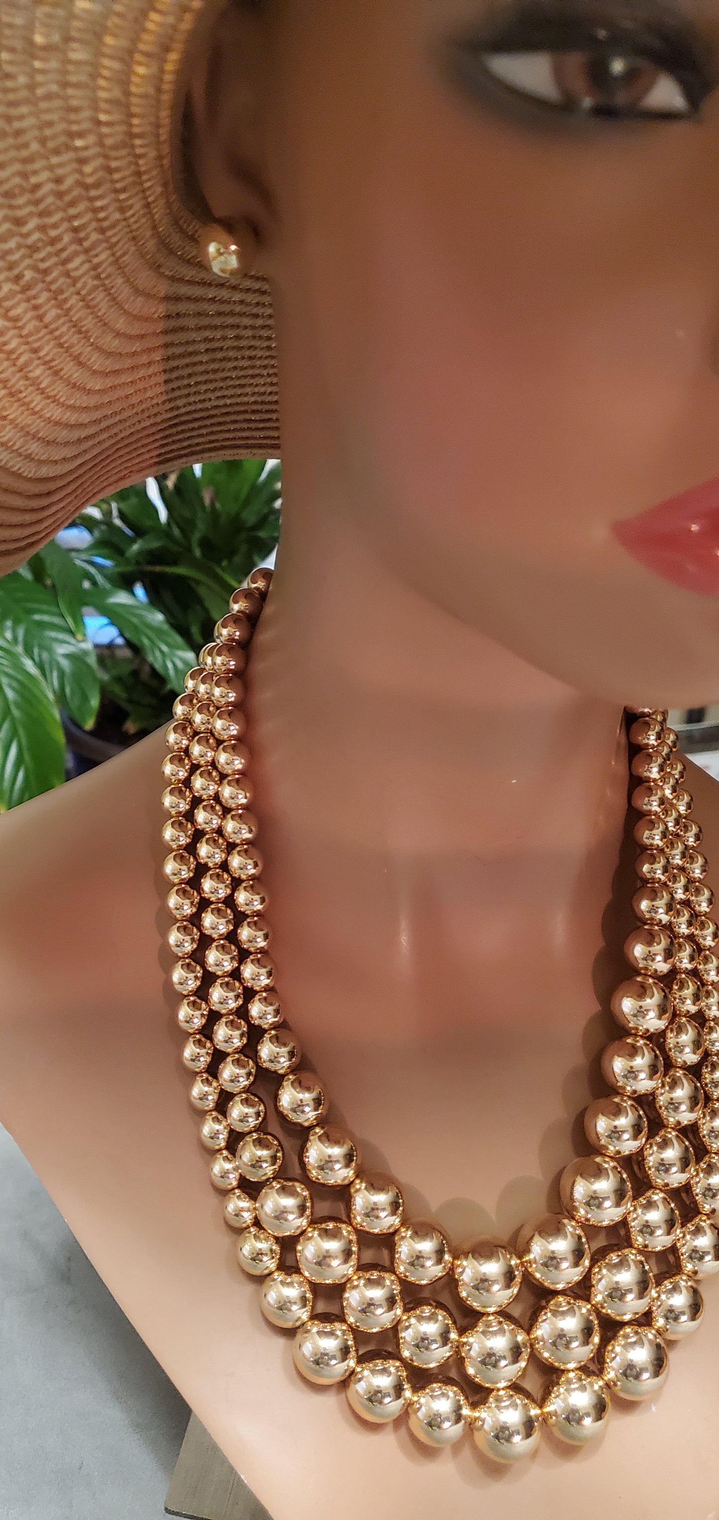 Triple Layered Metal Ball Statement Necklace Set w/Stud Earrings