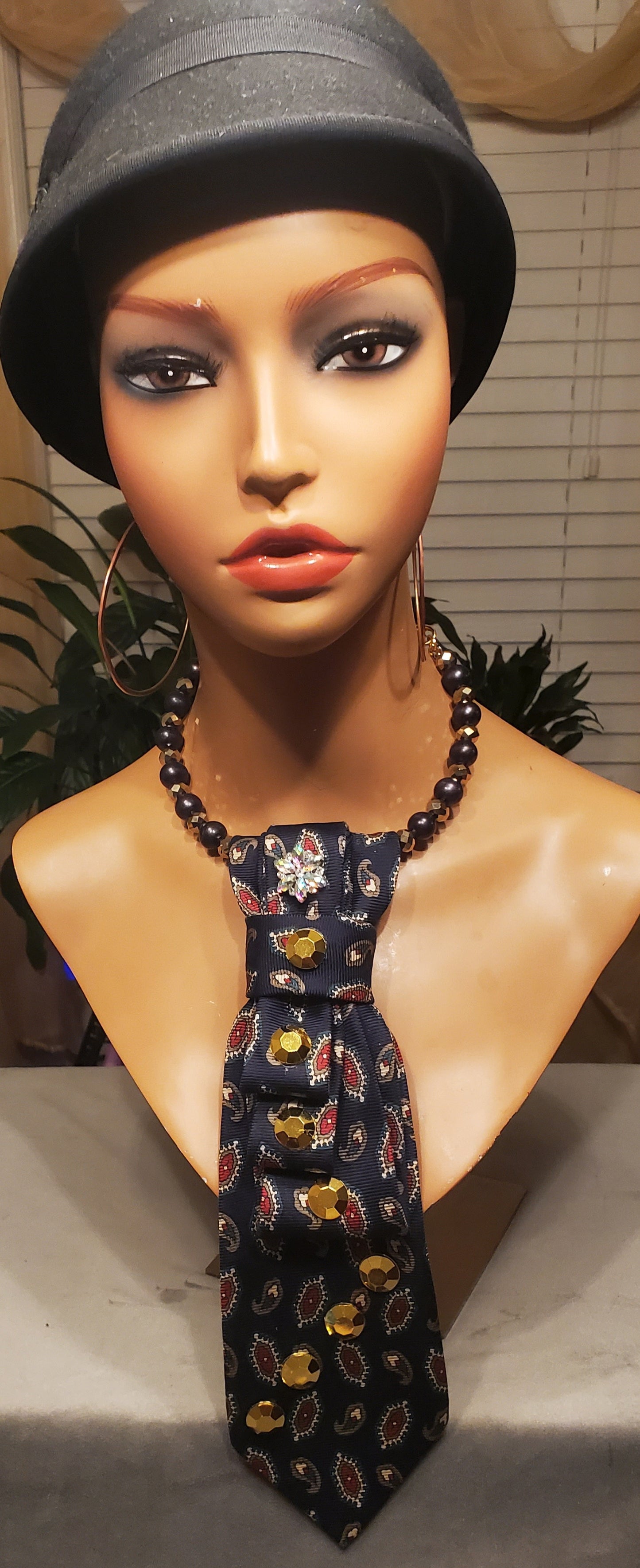 Blue & Red Paisley Necktie Necklace w/Gold Rhinestones and Pendant