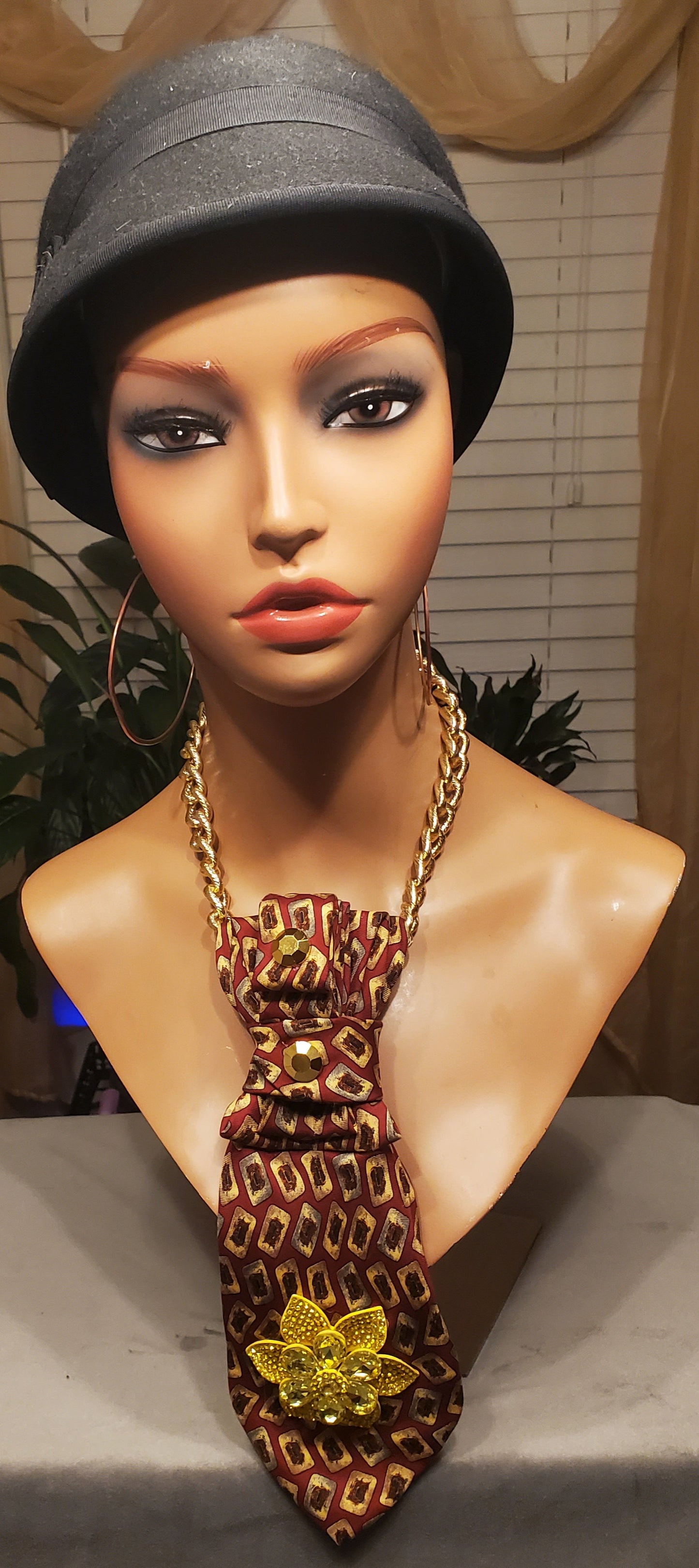 Crimson Fire Necktie Necklace w/Yellow Floral Pendant