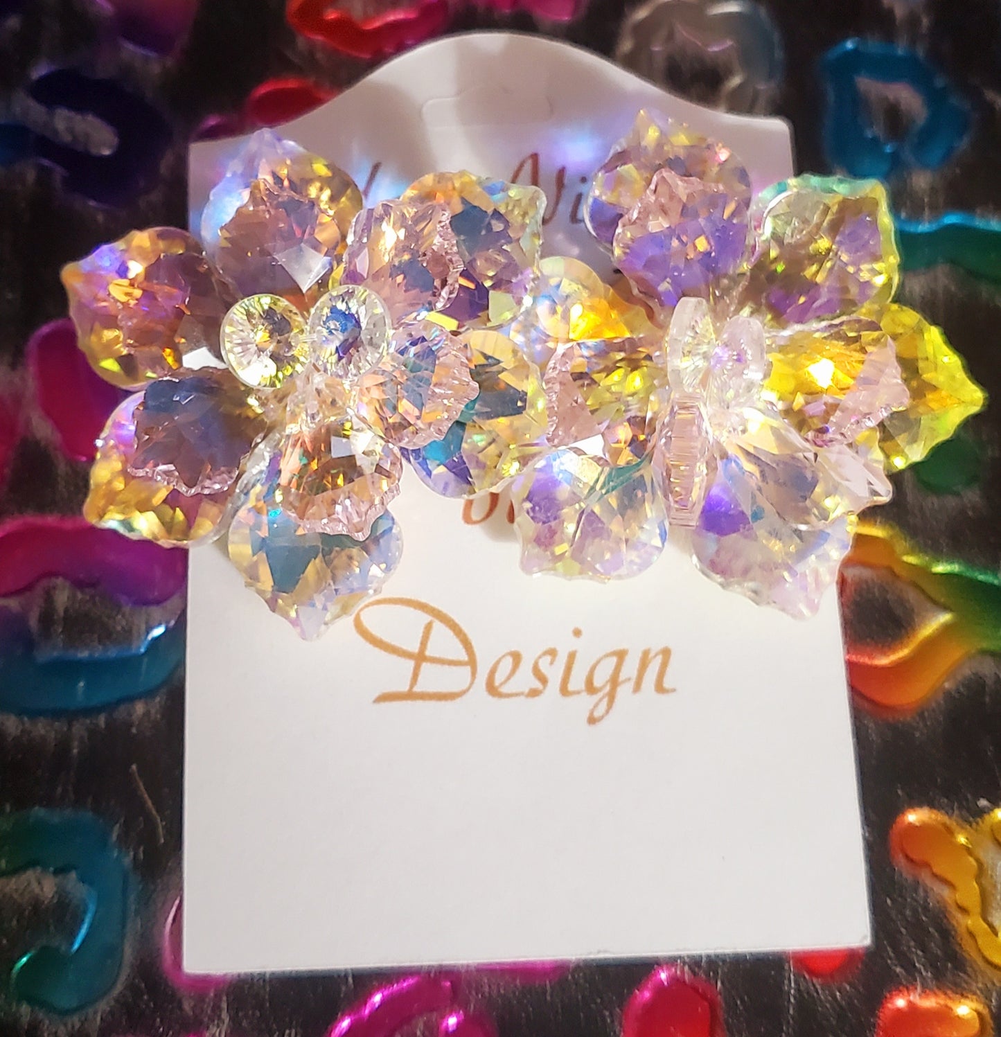 Flower Crystal Earrings - Clip on with soft cushion