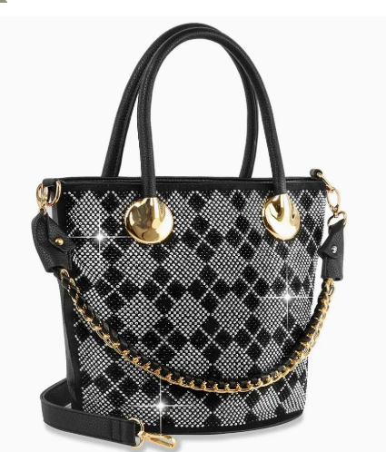 Black Medium Plaid Rhinestone Handbag