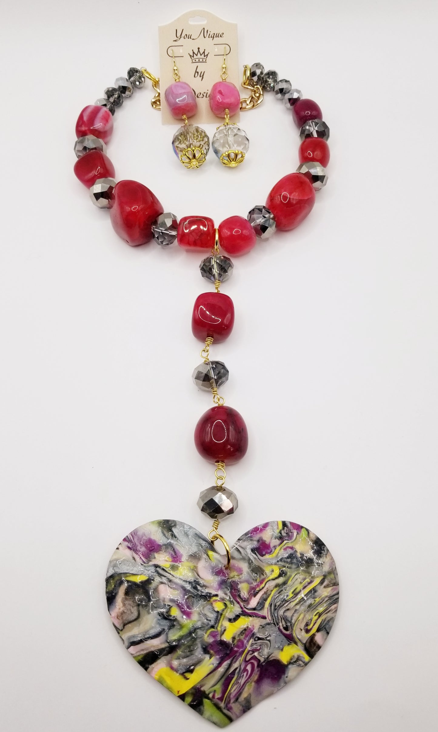 Fuchsia Agate Stone Heart Necklace Set
