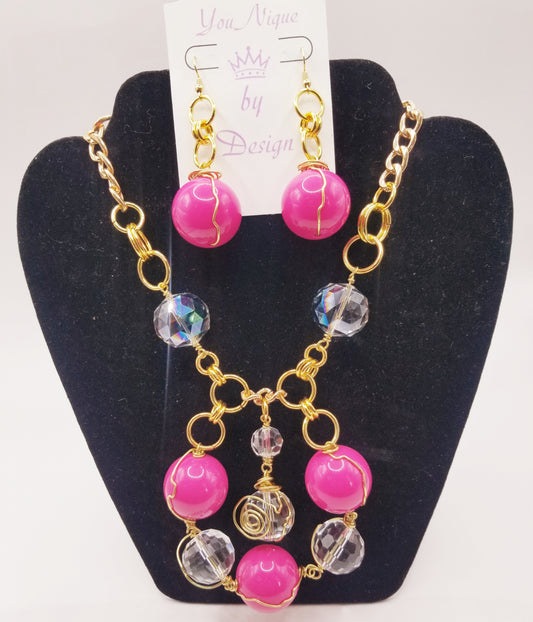 Fuchsia Center of Attention Glass Beaded Necklace Set