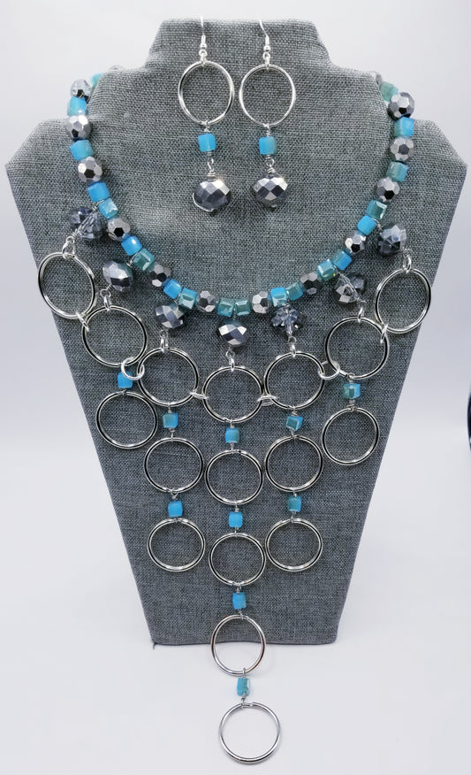 Cerulean Blue & Silver Chandelier Necklace and Earring Set
