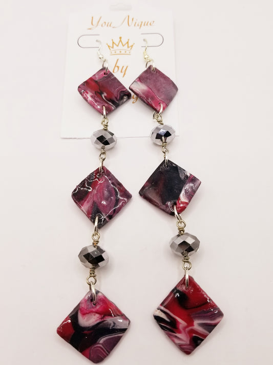 Marbled Red, White and Black 3 Diamond Dangle Earrings