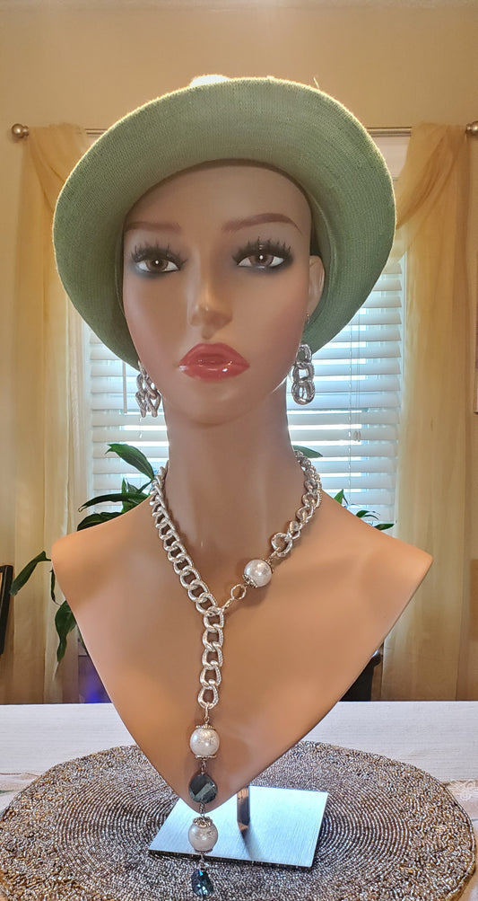 Silver Y Chain Link Necklace w/Earrings and Bracelet Set