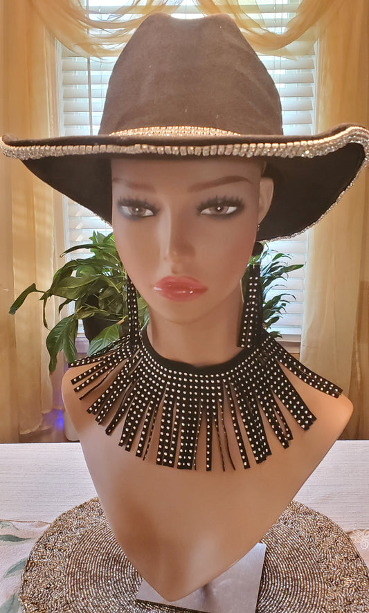 Black Studded Tassel Necklace and Earring Set