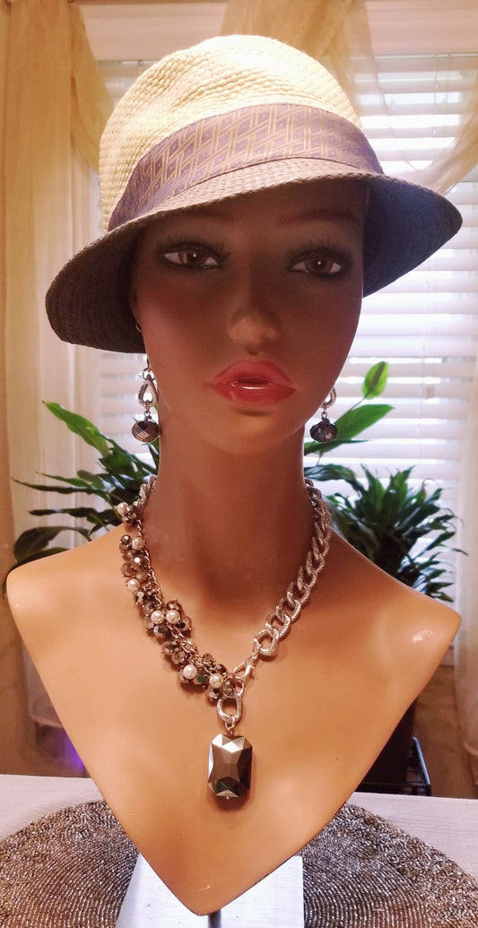 Shimmering Translucent Silver Beaded Earring and Chain Necklace Set