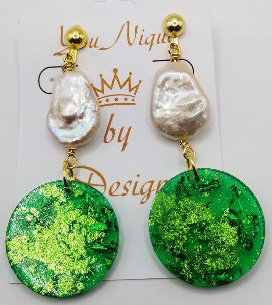 Shimmers of Emerald Round Geo Luxe & Keshi Pearl Earrings