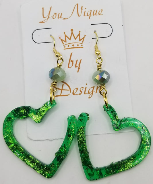 Shimmers of Emerald Green Open Heart Earrings