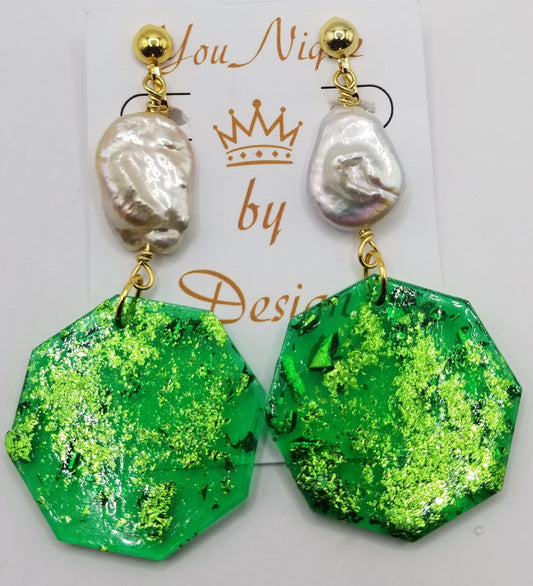 Shimmers of Emerald Octo-Geo Luxe with Keshi Pearl Earrings