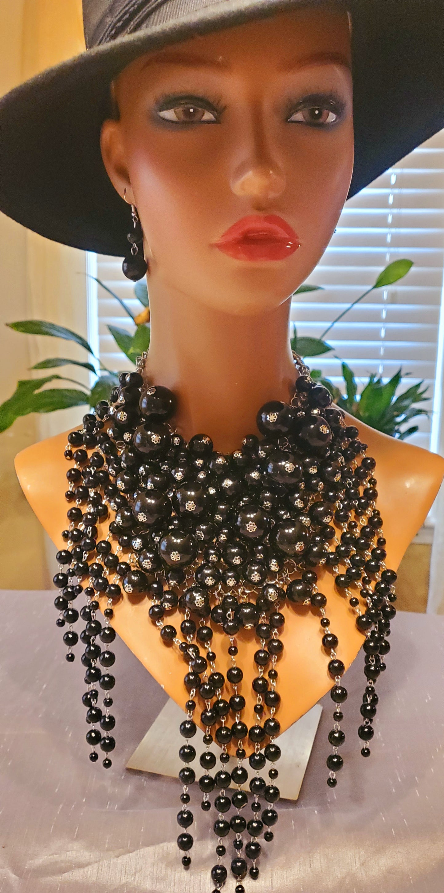 Black Beaded Statement Chandelier Women's Necklace