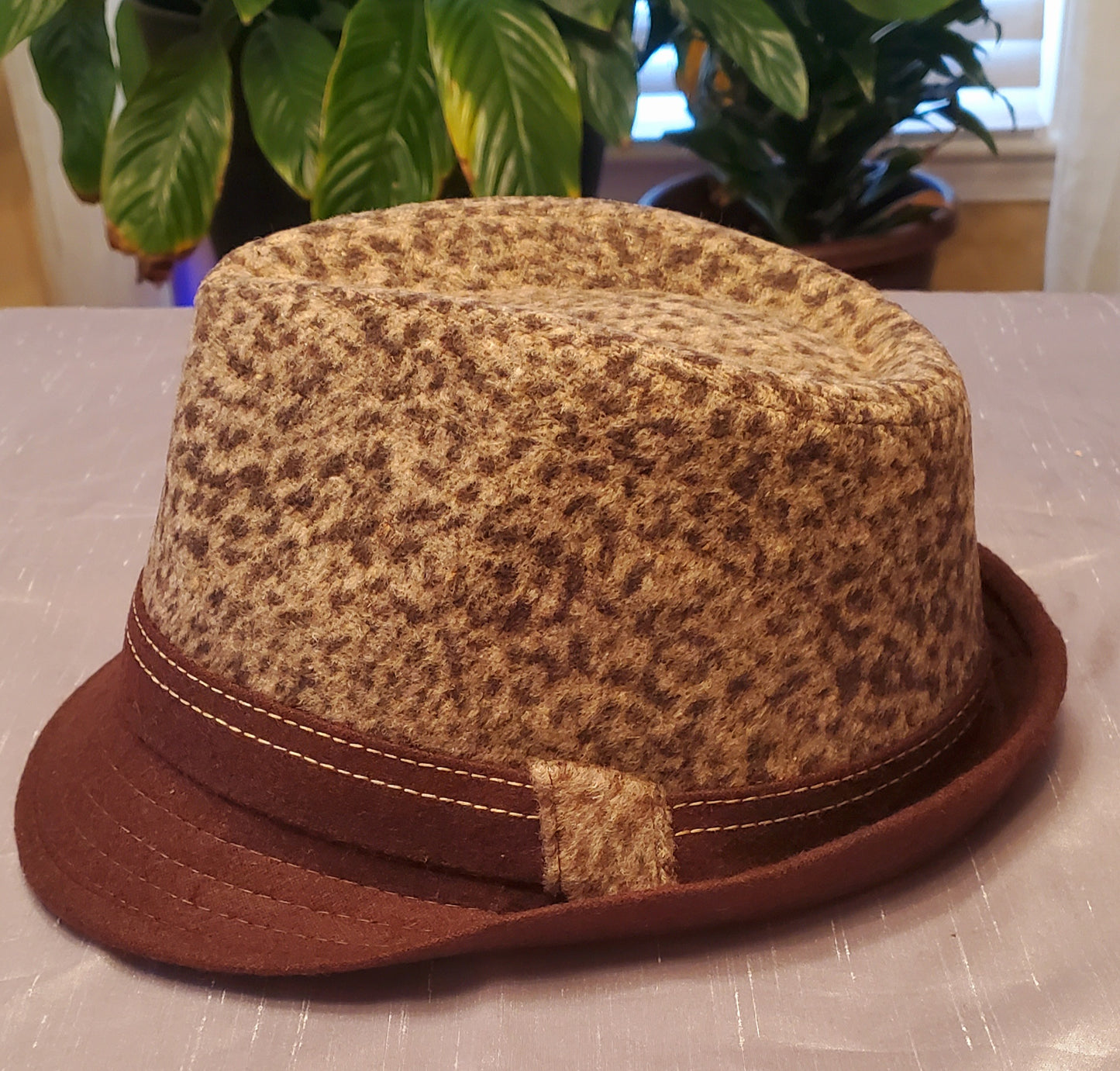Brown Animal Print Men's Fedora W/Self Trim, Brim 1.5"