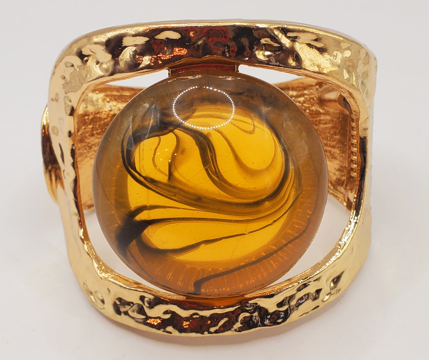 Bold Swirl Stone Hammered Metal Hinged Bangle Bracelet