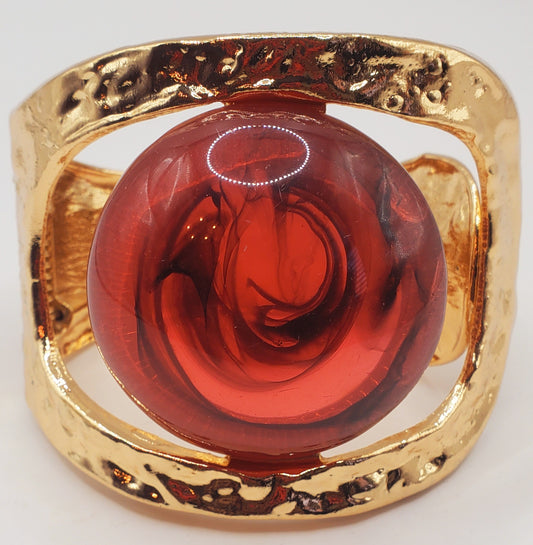 Bold Swirl Ruby Red Stone Hammered Metal Hinged Bangle Bracelet