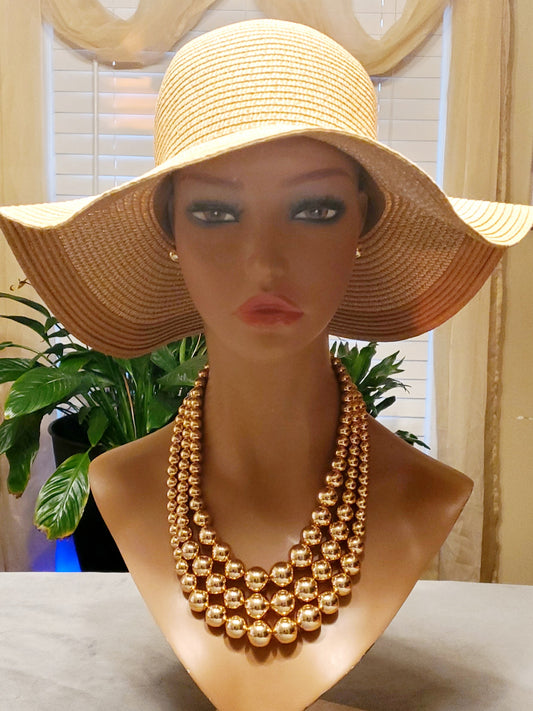 Triple Layered Metal Ball Statement Necklace Set w/Stud Earrings