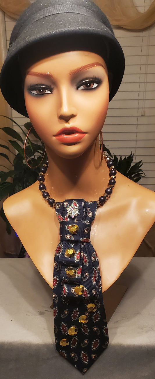 Blue & Red Paisley Necktie Necklace w/Gold Rhinestones and Pendant