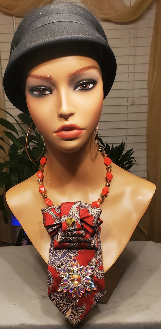 Luxe Red Paisley Necktie Necklaces w/Pendant