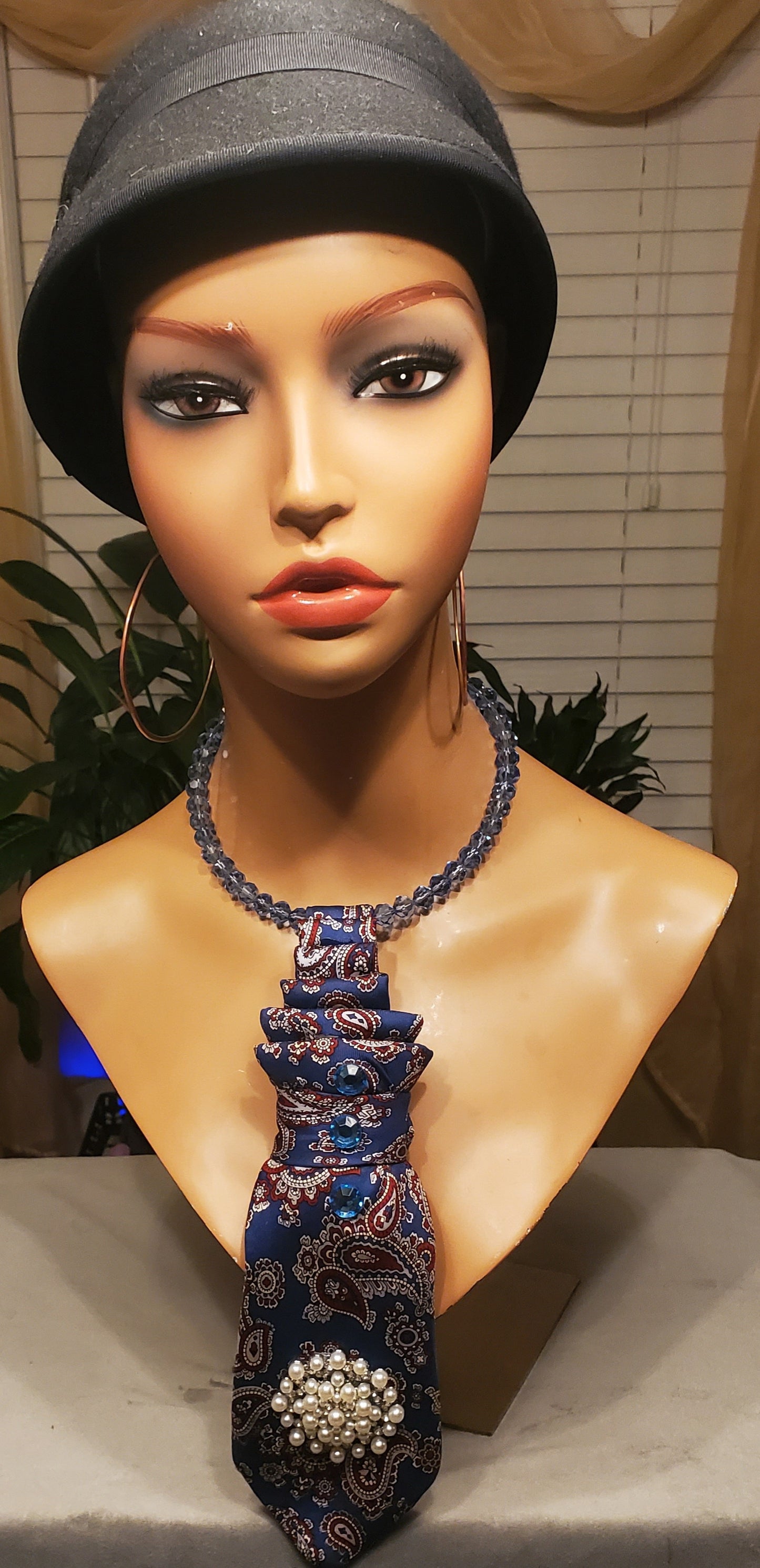 Paisley Blue Luxe Necktie Necklace w/Bold Pearl Pendant