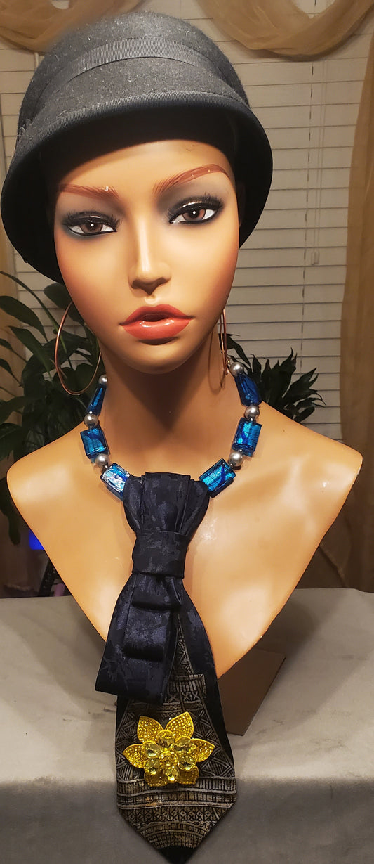 Navy Blue Pendant Necktie Necklace w/Yellow Pendant