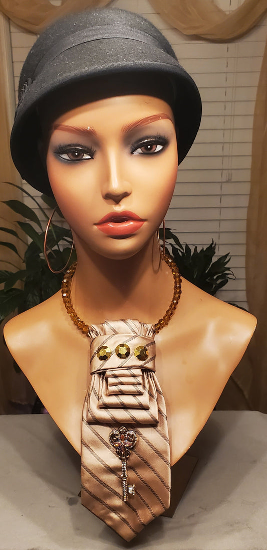 Golden Silk Necktie Necklace w/Beautiful Key Pendant