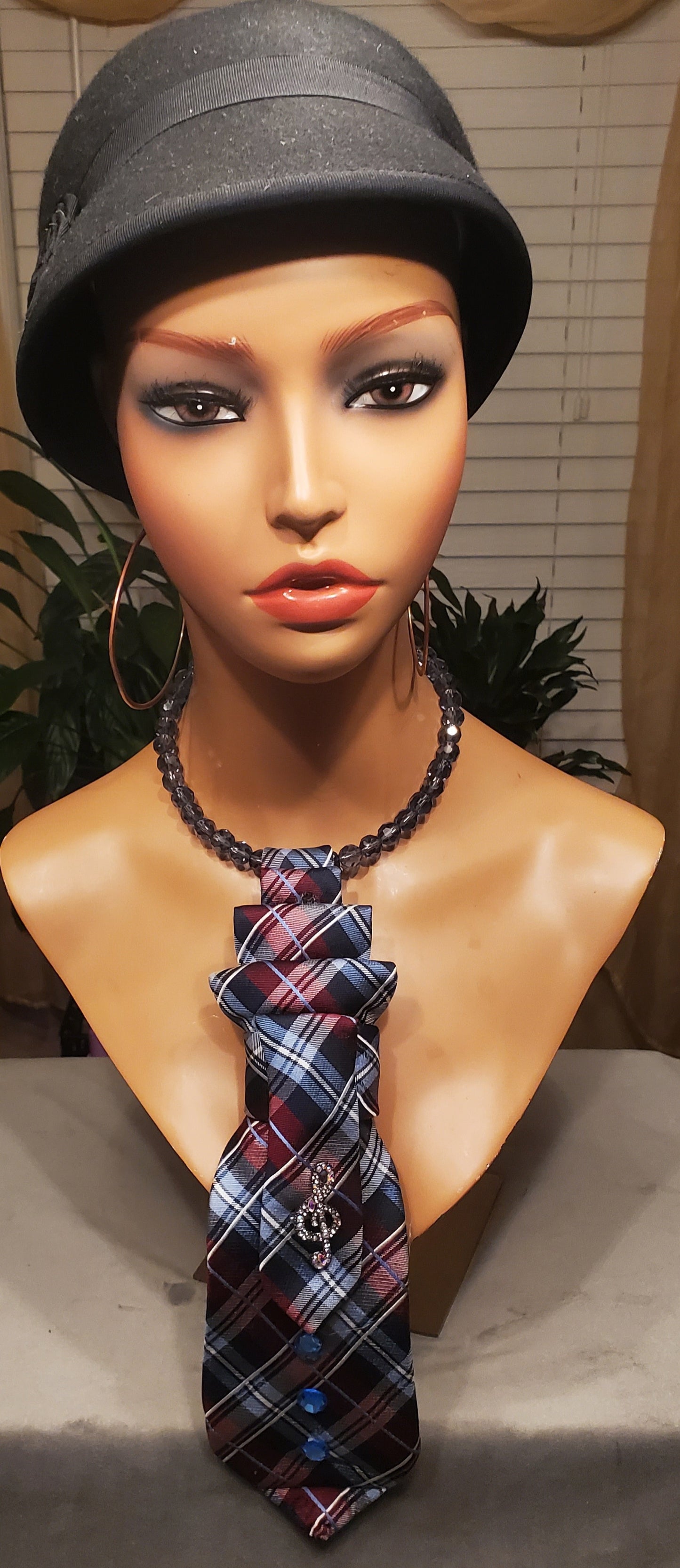 Red & Blue Plaid Necktie Necklace w/ Music Note Pendant