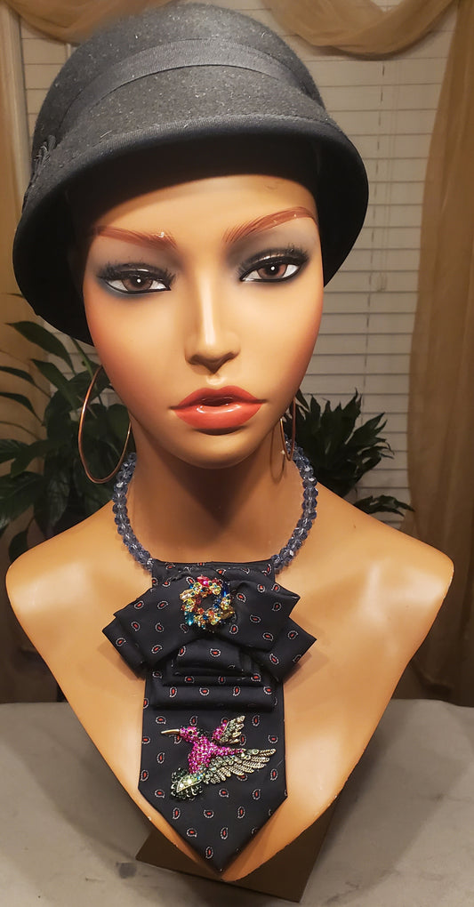 Short Blue Paisley Double Bow Necktie Necklace w/Colorful Wreath and Birdie Pendant