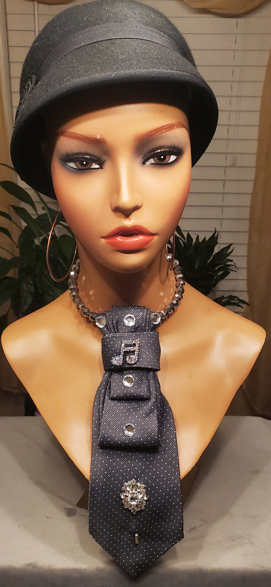 Gray & Whit Polka Dot Statement Necktie Necklace w/Pendants