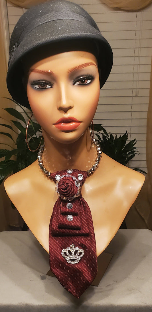 Red Wine Rhinestone Necktie Necklace w/Bold Crown Pendant