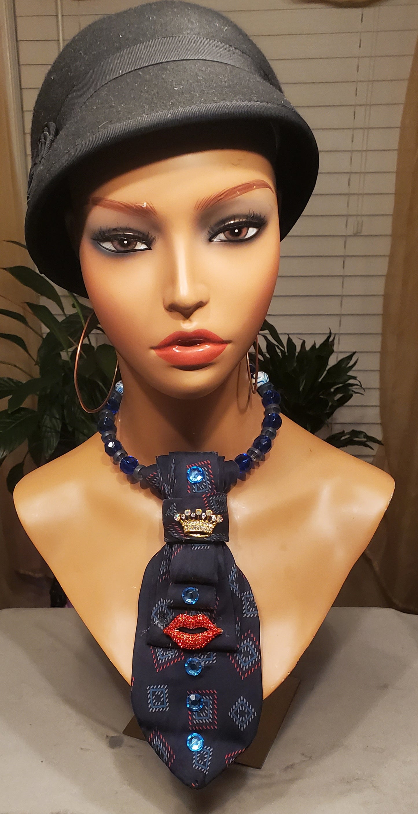 Kiss Me Blue Necktie Necklace W/ Red Lips & Gold Crown Pendant