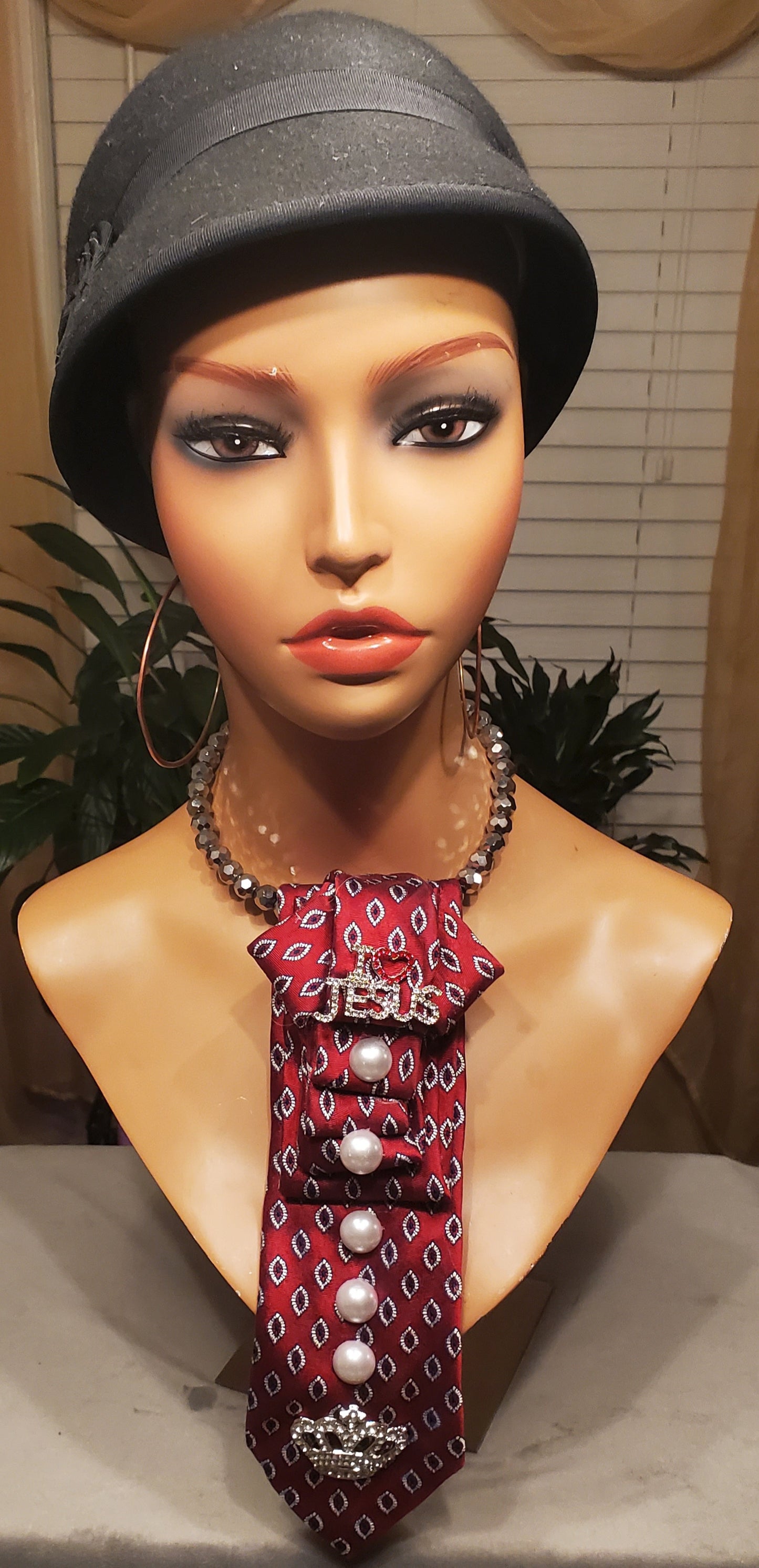 Crimson Red Necktie Necklace w/I Love Jesus and Crown Pendant