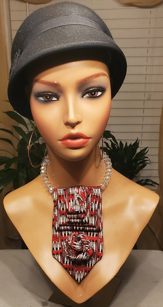 Red, White and Black Steaked Necktie Necklace w/Pendant