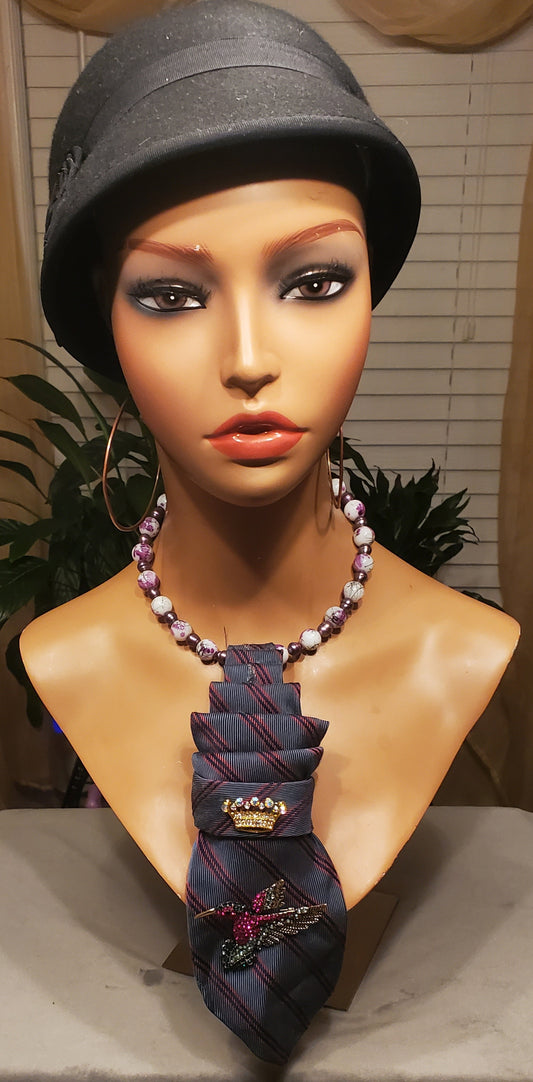 Blue Striped Necktie Necklace w/Crown and Birdie Pendant