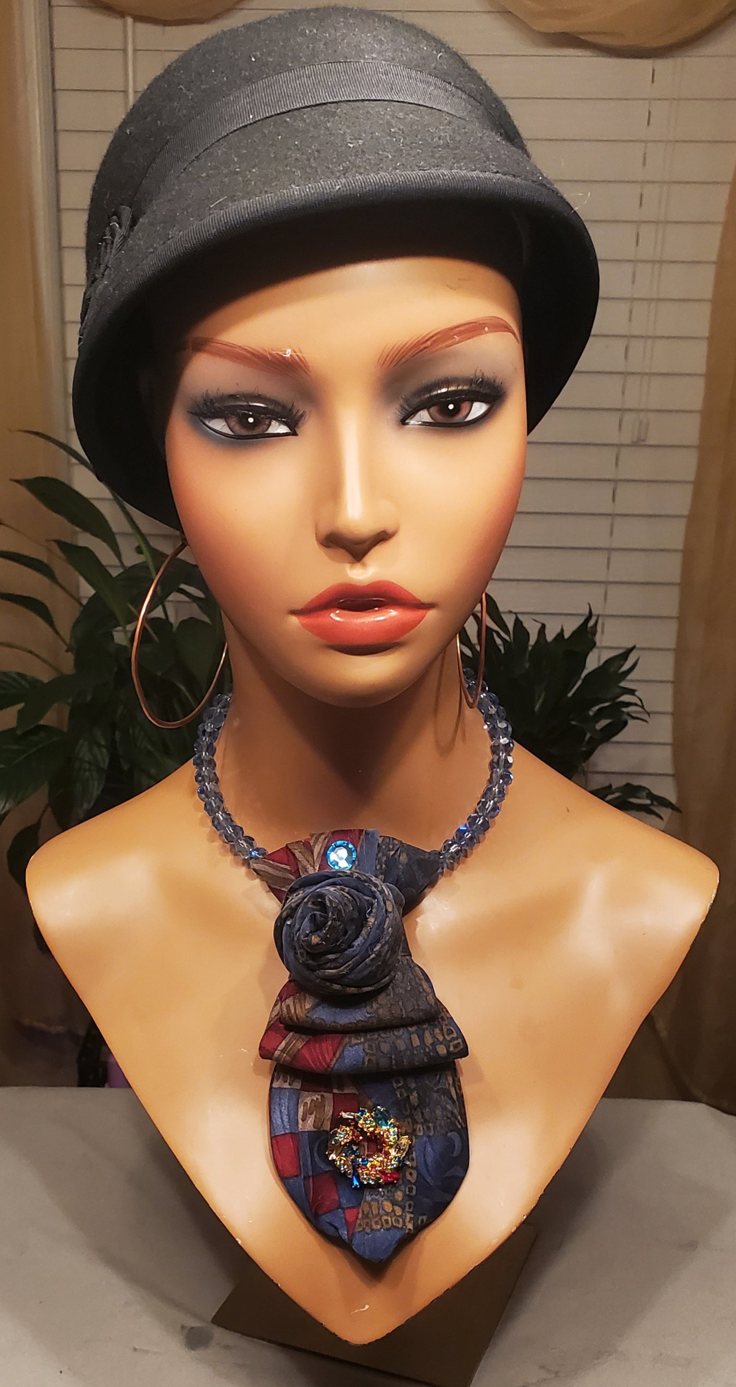 Multi-Color Blue & Red Short Necktie Necklace W/ Pendant