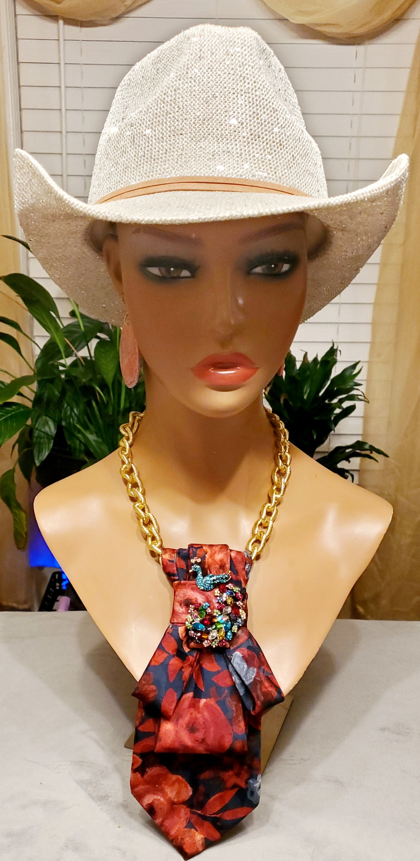 Floral Red Multi-Color Necktie Necklace w/Pendant