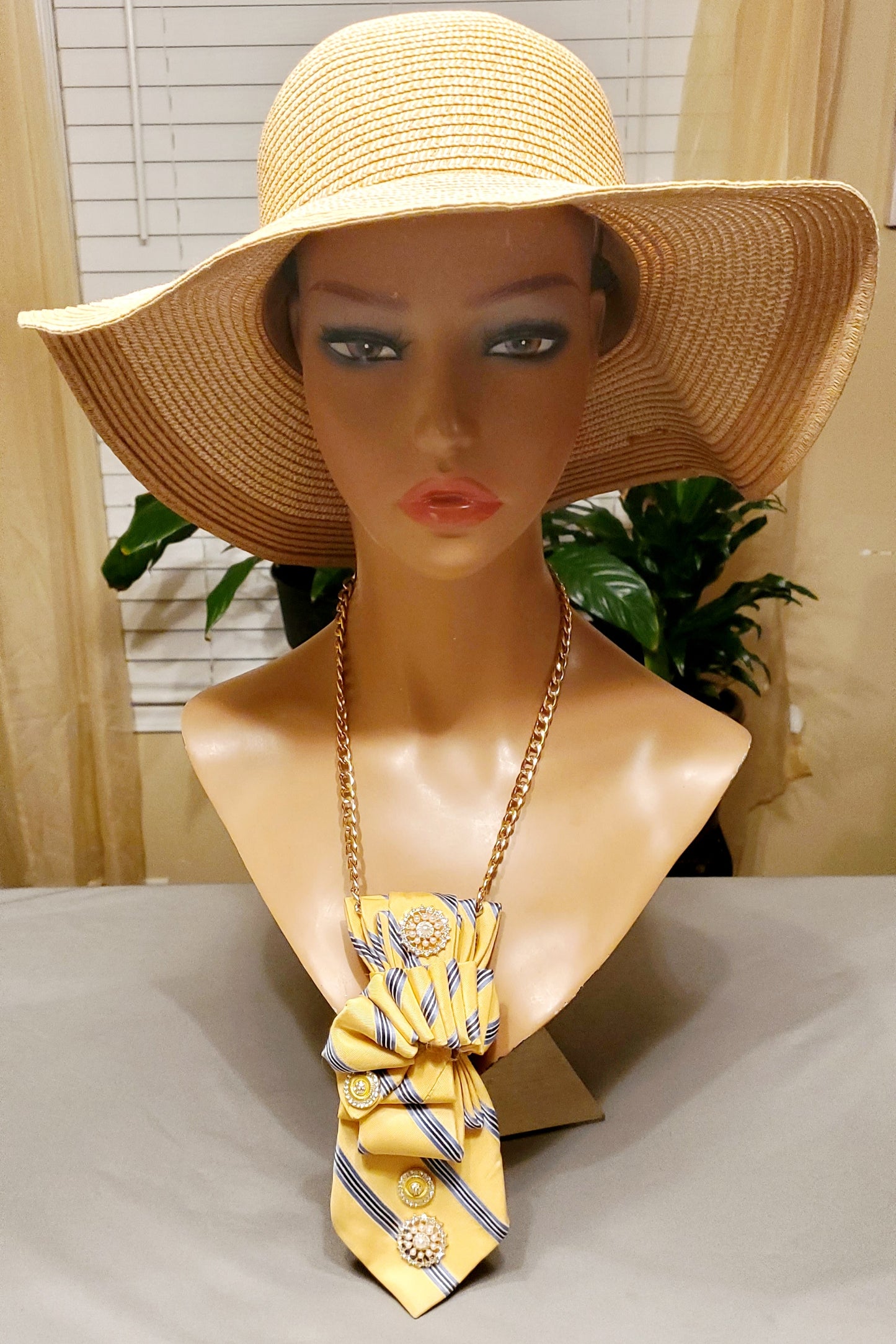 Yellow and Blue Ribbed Necktie Necklace