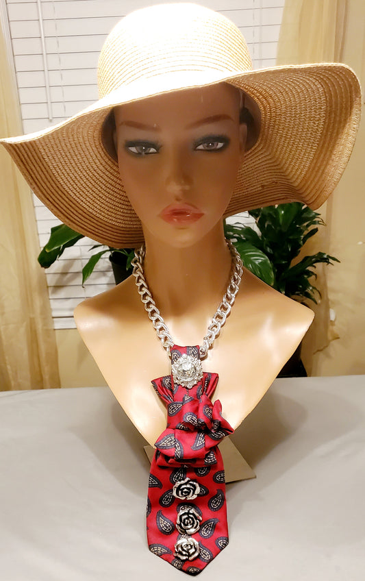 Crimson Red  & Boldly Paisley Necktie Necklace