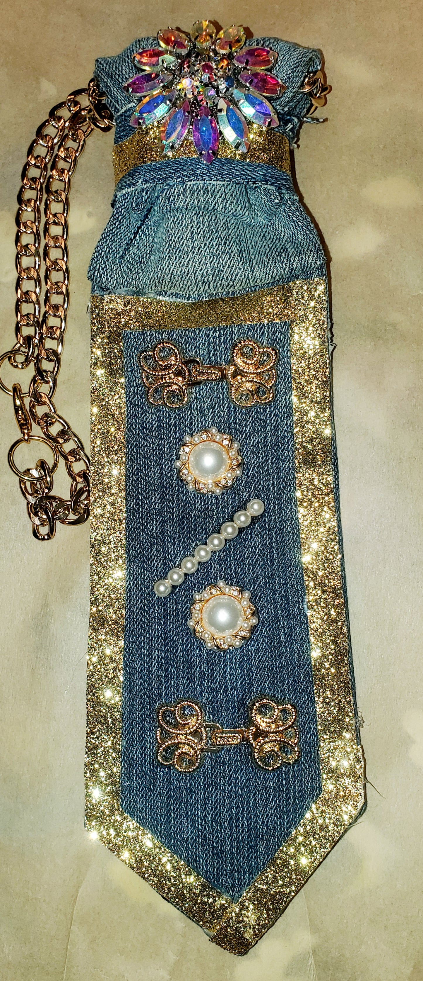 Denim Golden Statement Trimmed Necktie Necklace