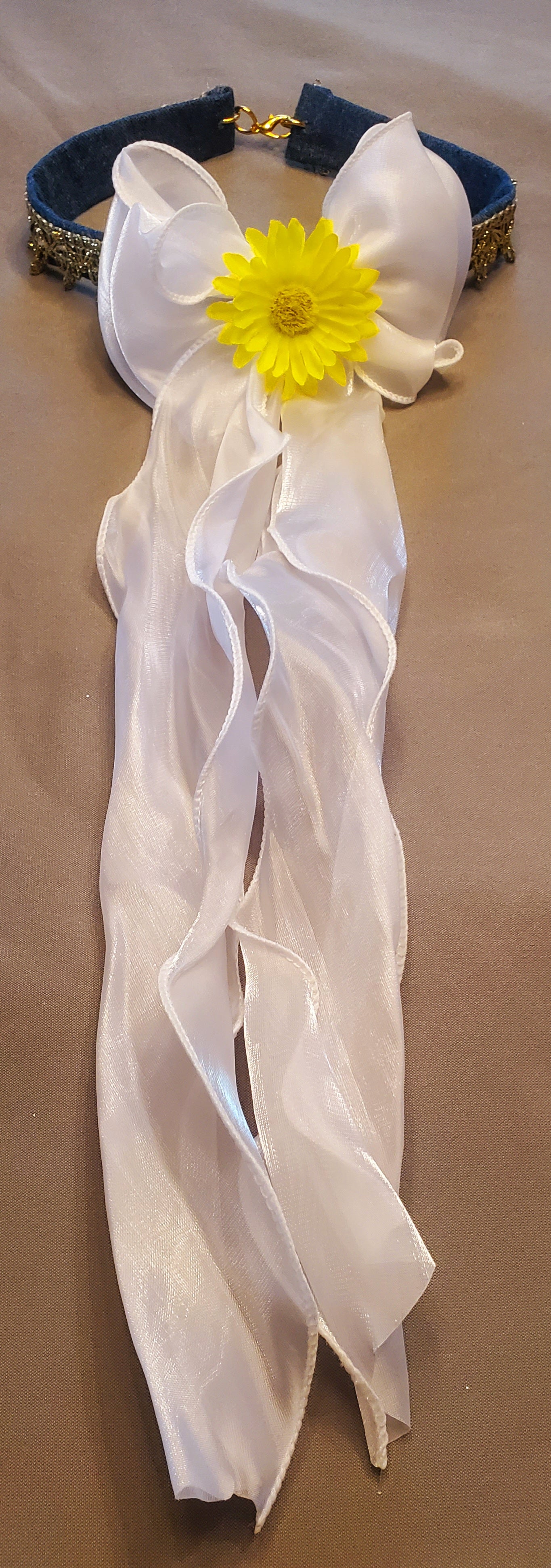 White Ribbon Yellow Floral Necklace