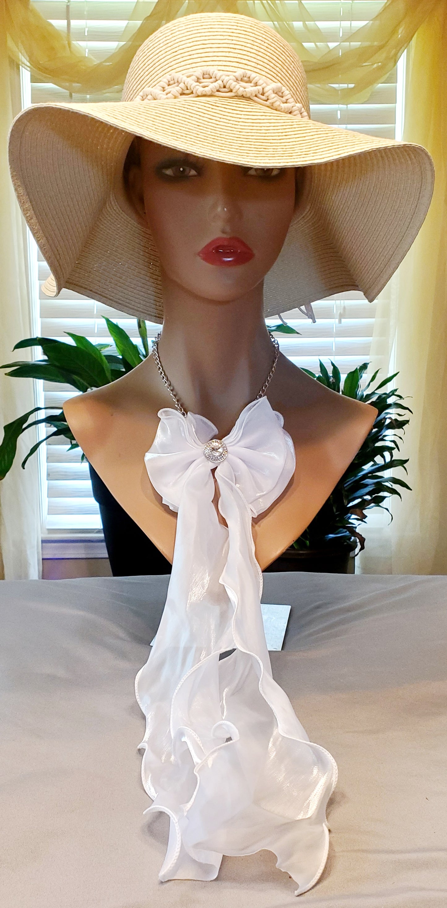 White Ribbon Bow Tie with Rhinestone