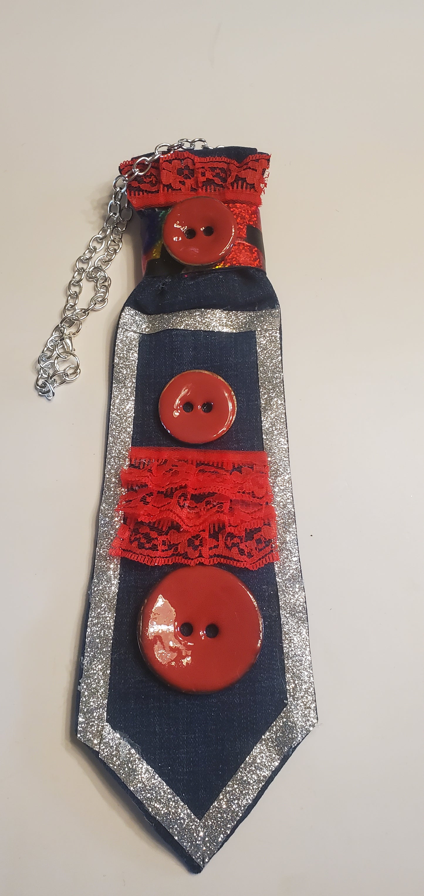 Silver trimmed Red  & Denim Blue Necktie Necklace