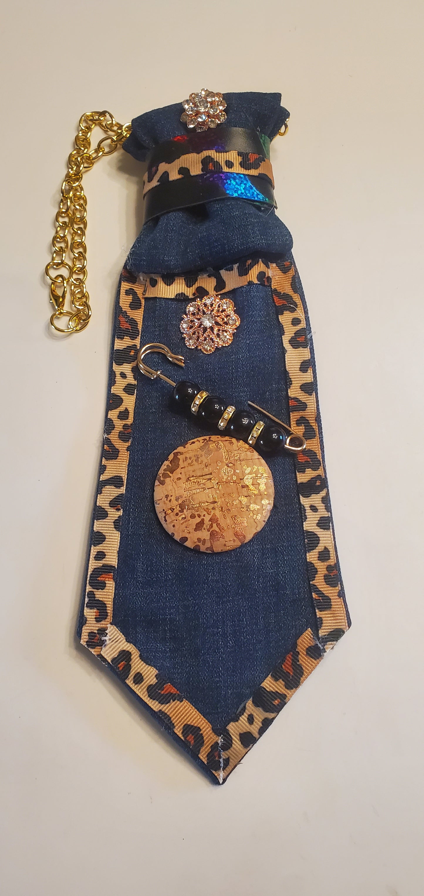 Cheetah Trimmed Denim Necktie Necklace