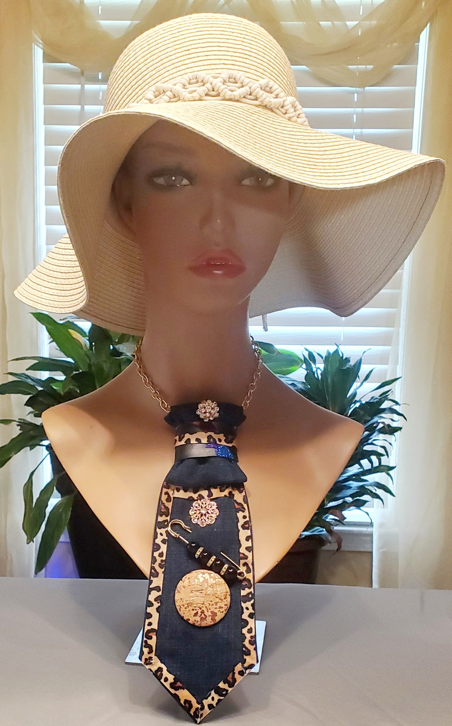 Cheetah Trimmed Denim Necktie Necklace