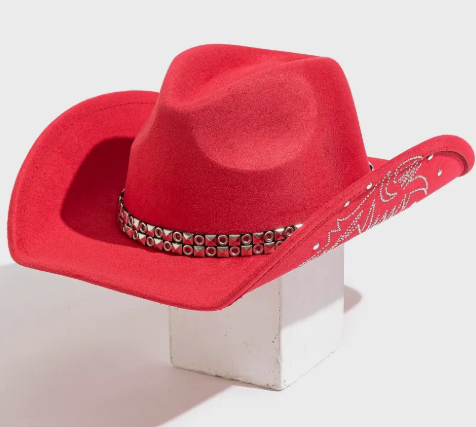 Studded Strap Rhinestone Decor (Red) Western Cowboy Hat