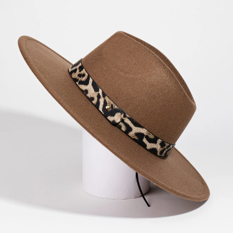Leopard Strap Flat Brim Fedora Hat
