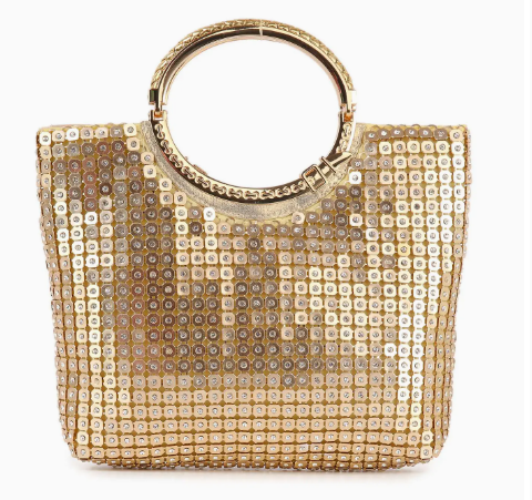 Metal Mesh Rhinestone Hand Tote Gold