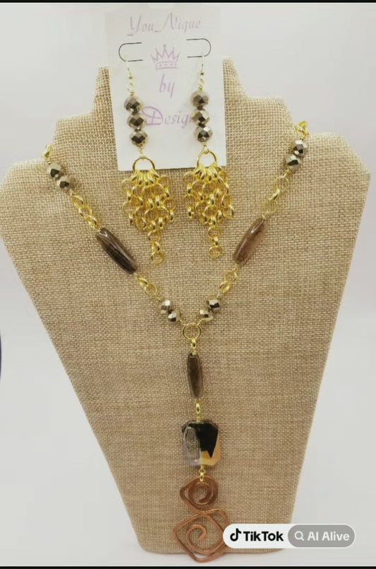 Adore Gold Tone Y Strand Necklace and Chandelier Earrings Set
